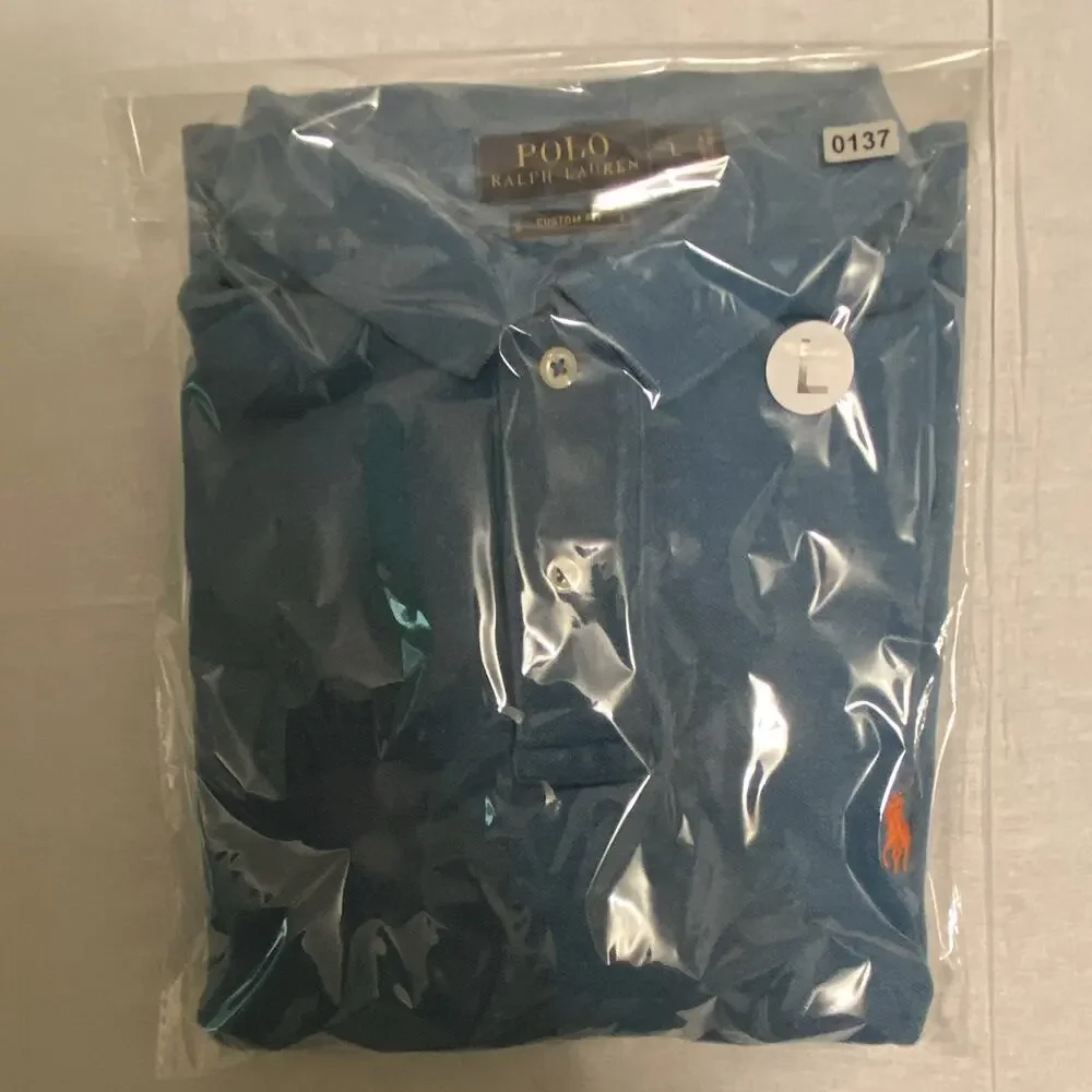 Polo Ralph Lauren Blue Solid Cotton Knit Custom Fit Polo Shirt Men’s L Logo